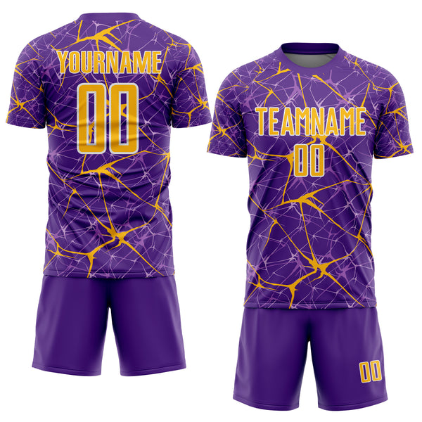 Custom Purple Gold-White Abstract Network Crackle Sublimation Soccer Uniform Jersey