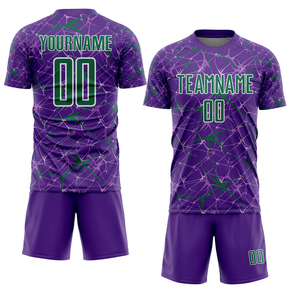 Custom Purple Kelly Green-White Abstract Network Crackle Sublimation Soccer Uniform Jersey