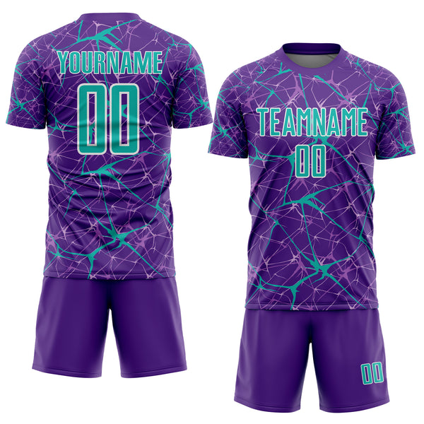 Custom Purple Aqua-White Abstract Network Crackle Sublimation Soccer Uniform Jersey