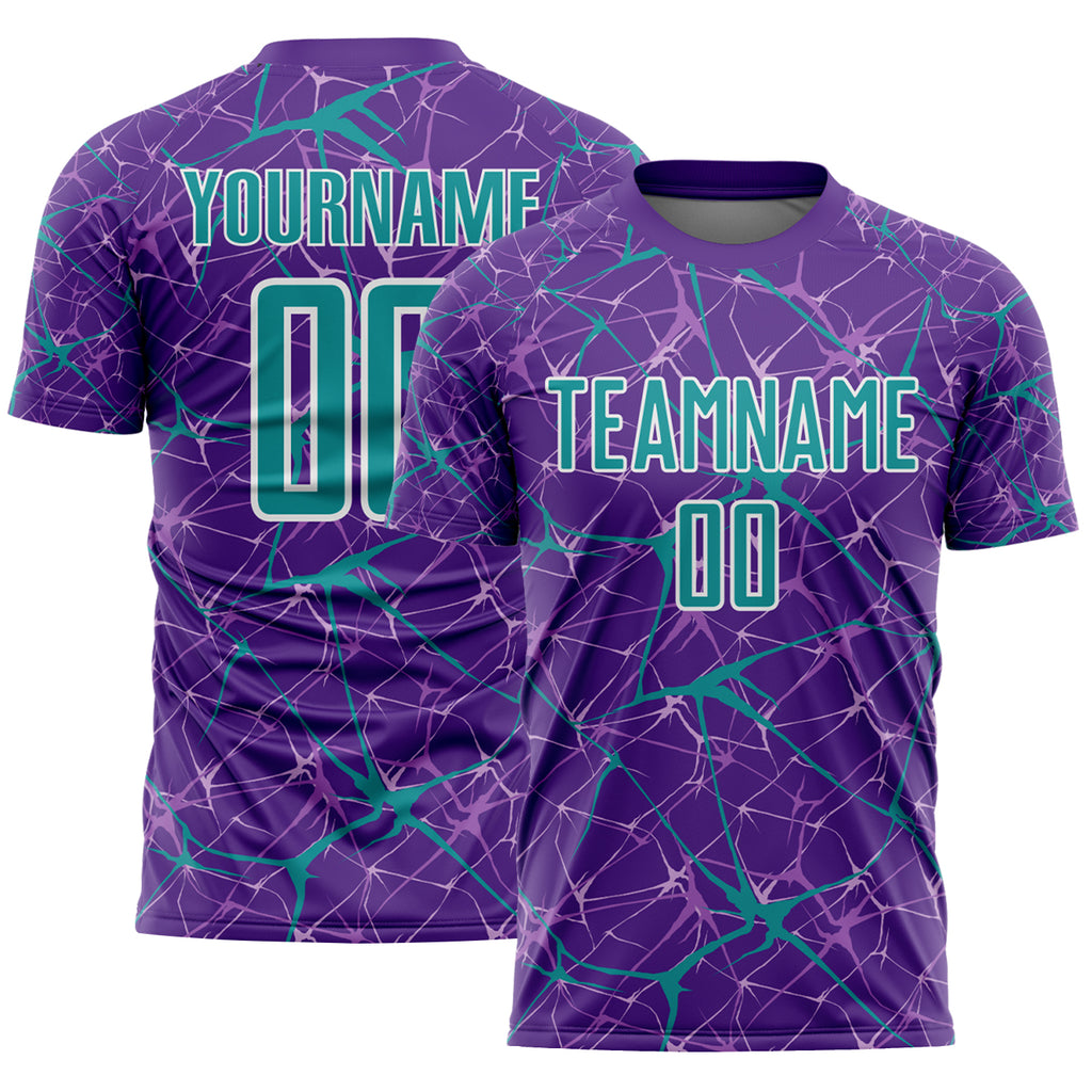Custom Purple Teal-White Abstract Network Crackle Sublimation Soccer Uniform Jersey
