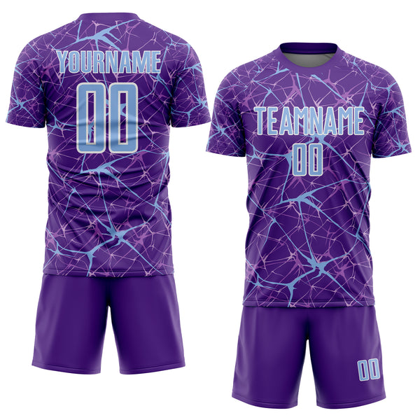 Custom Purple Light Blue-White Abstract Network Crackle Sublimation Soccer Uniform Jersey