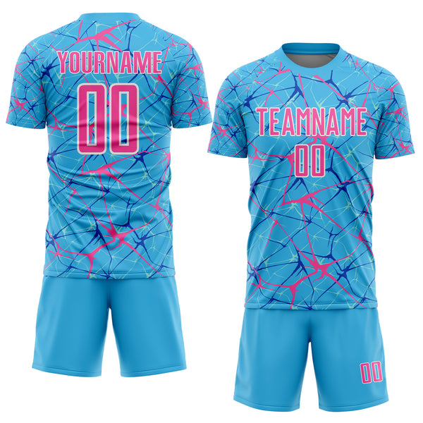Custom Sky Blue Pink-White Abstract Network Crackle Sublimation Soccer Uniform Jersey