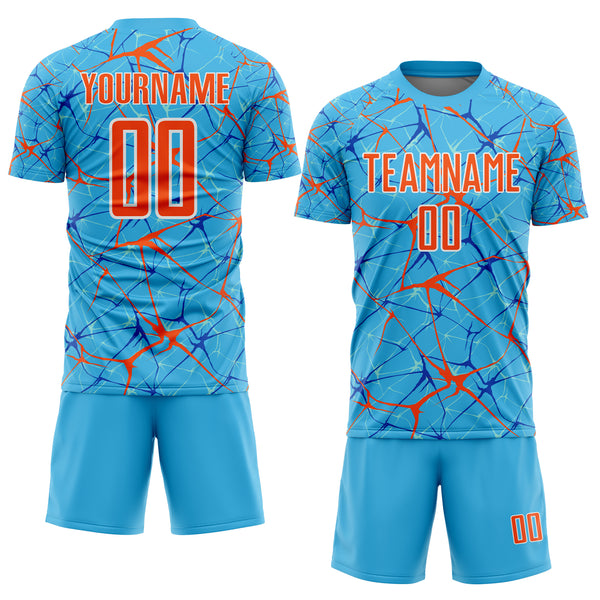 Custom Sky Blue Orange-White Abstract Network Crackle Sublimation Soccer Uniform Jersey