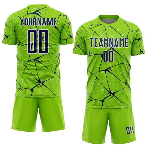 Custom Neon Green Navy-White Abstract Network Crackle Sublimation Soccer Uniform Jersey