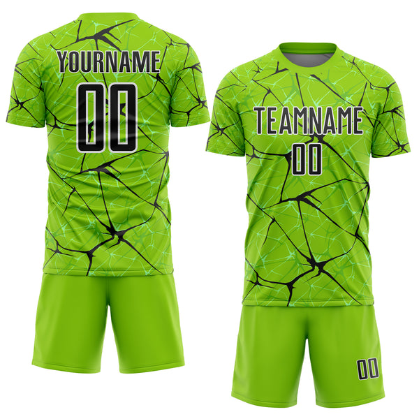 Custom Neon Green Black-White Abstract Network Crackle Sublimation Soccer Uniform Jersey