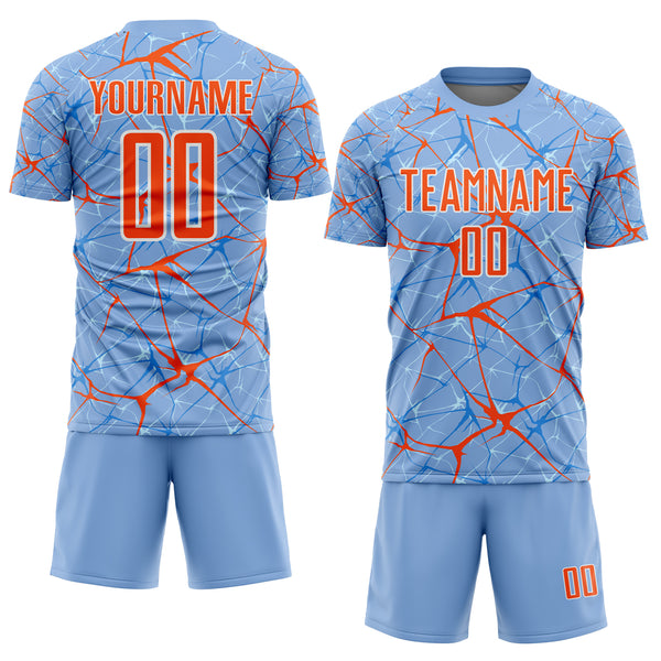 Custom Light Blue Orange-White Abstract Network Crackle Sublimation Soccer Uniform Jersey