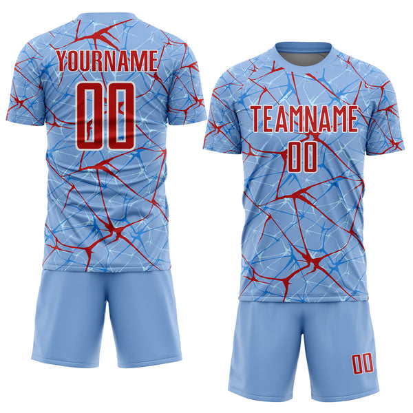 Custom Light Blue Red-White Abstract Network Crackle Sublimation Soccer Uniform Jersey