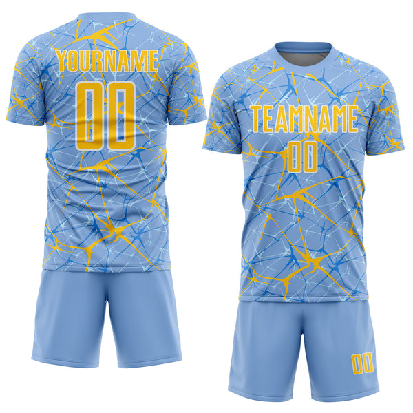 Custom Light Blue Yellow-White Abstract Network Crackle Sublimation Soccer Uniform Jersey
