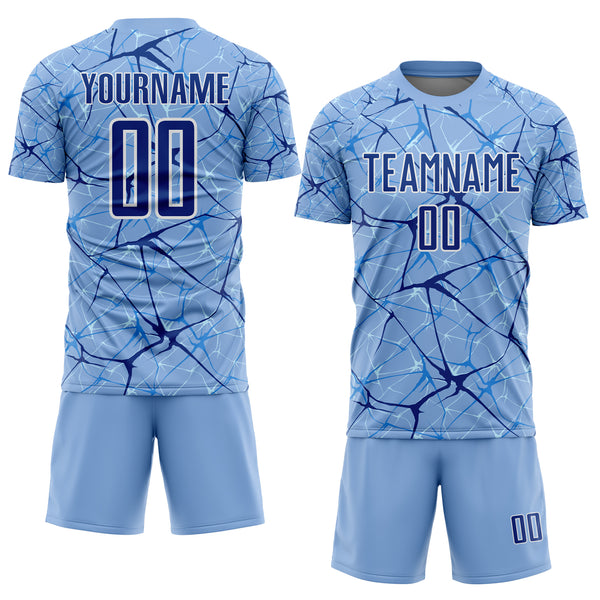 Custom Light Blue Royal-White Abstract Network Crackle Sublimation Soccer Uniform Jersey