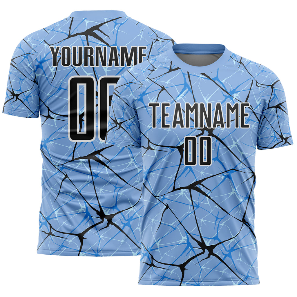 Custom Light Blue Black-White Abstract Network Crackle Sublimation Soccer Uniform Jersey