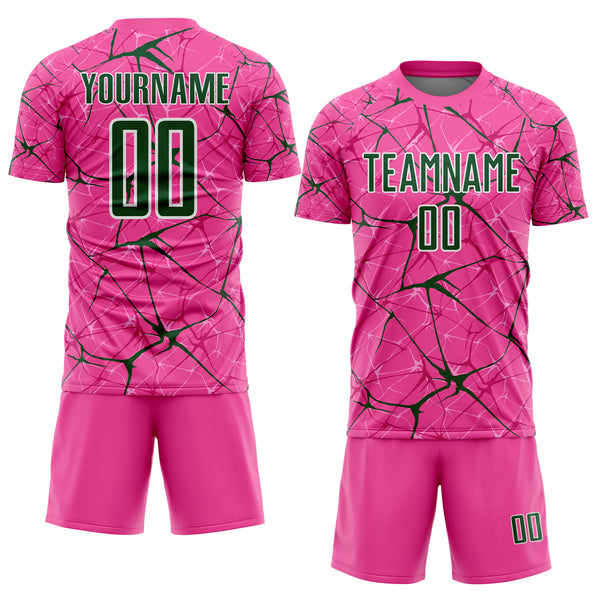 Custom Pink Green-White Abstract Network Crackle Sublimation Soccer Uniform Jersey