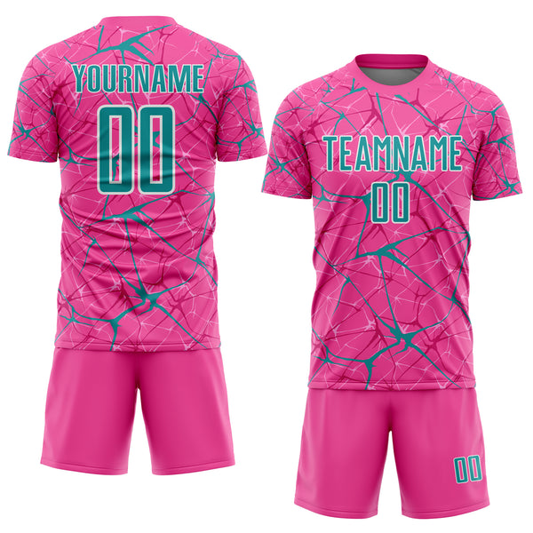 Custom Pink Teal-White Abstract Network Crackle Sublimation Soccer Uniform Jersey