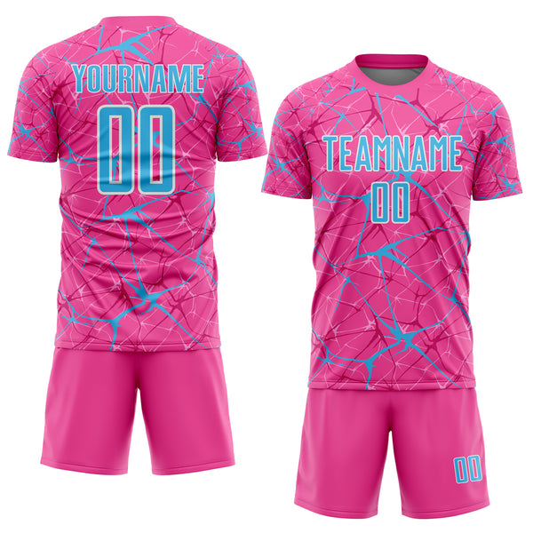 Custom Pink Sky Blue-White Abstract Network Crackle Sublimation Soccer Uniform Jersey