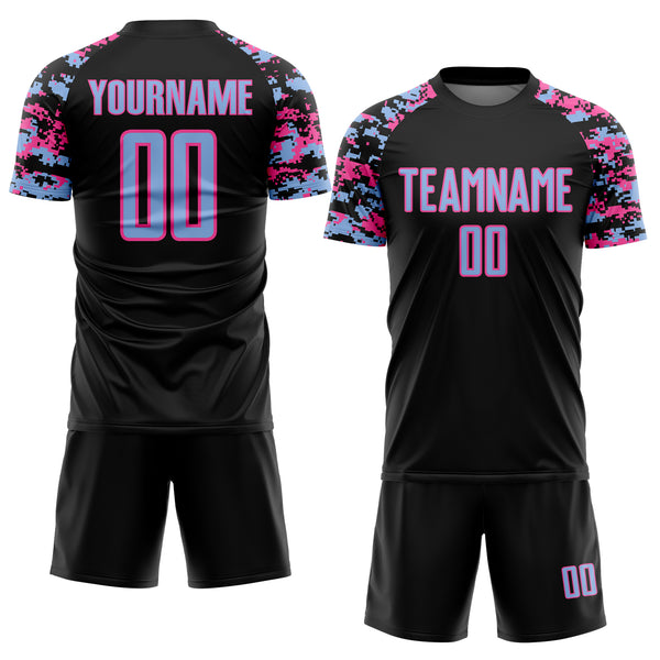 Custom Black Light Blue-Pink Digital Camo Raglan Sleeves Sublimation Soccer Uniform Jersey