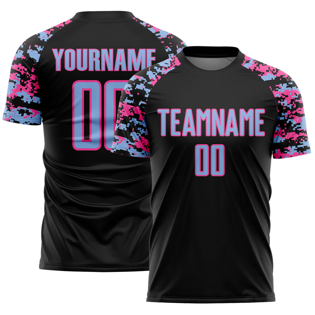 Custom Black Light Blue-Pink Digital Camo Raglan Sleeves Sublimation Soccer Uniform Jersey