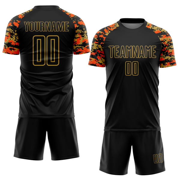 Custom Black Orange-Old Gold Digital Camo Raglan Sleeves Sublimation Soccer Uniform Jersey