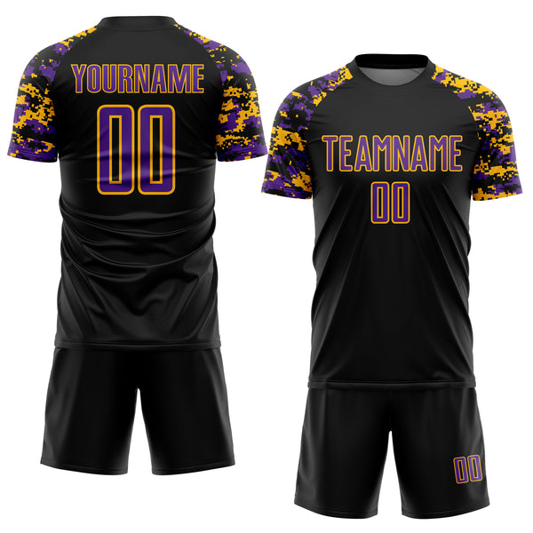 Custom Black Purple-Gold Digital Camo Raglan Sleeves Sublimation Soccer Uniform Jersey