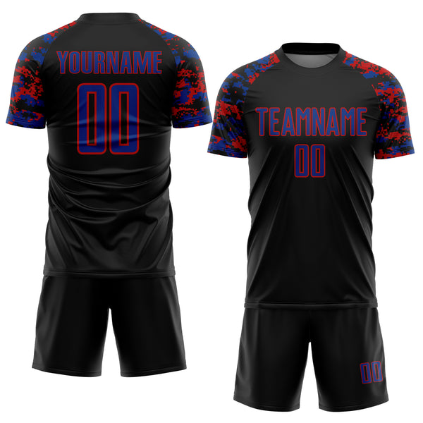 Custom Black Royal-Red Digital Camo Raglan Sleeves Sublimation Soccer Uniform Jersey