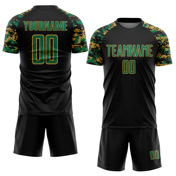 Custom Black Kelly Green-Old Gold Digital Camo Raglan Sleeves Sublimation Soccer Uniform Jersey