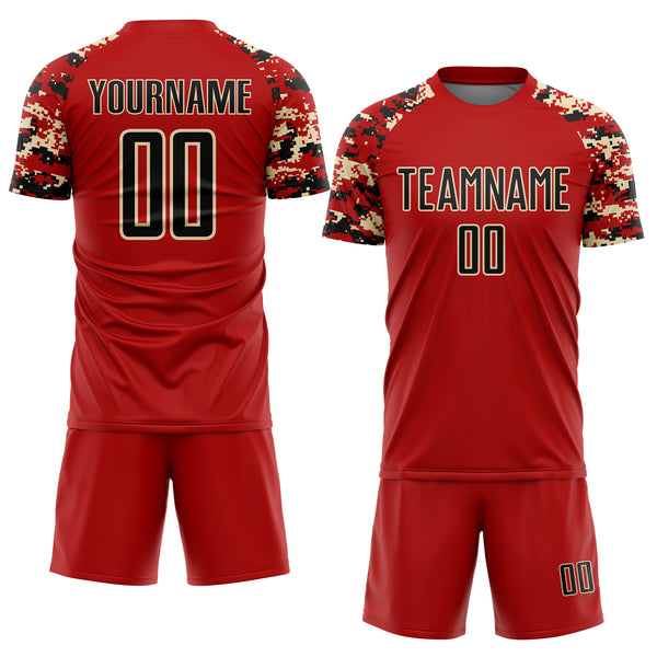 Custom Red Black-Cream Digital Camo Raglan Sleeves Sublimation Soccer Uniform Jersey