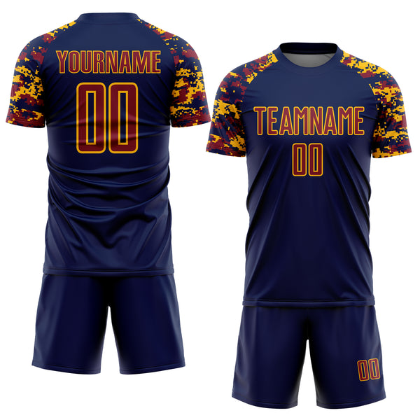 Custom Navy Crimson-Gold Digital Camo Raglan Sleeves Sublimation Soccer Uniform Jersey