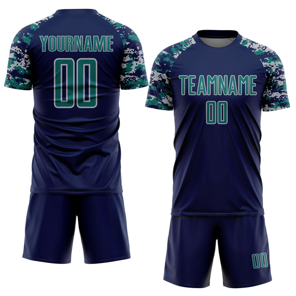 Custom Navy Teal-Gray Digital Camo Raglan Sleeves Sublimation Soccer Uniform Jersey