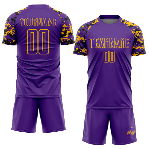 Custom Purple Black-Gold Digital Camo Raglan Sleeves Sublimation Soccer Uniform Jersey