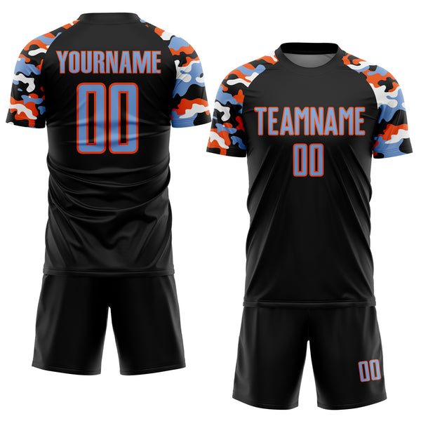 Custom Black Powder Blue Orange-White Digital Camo Raglan Sleeves Sublimation Soccer Uniform Jersey