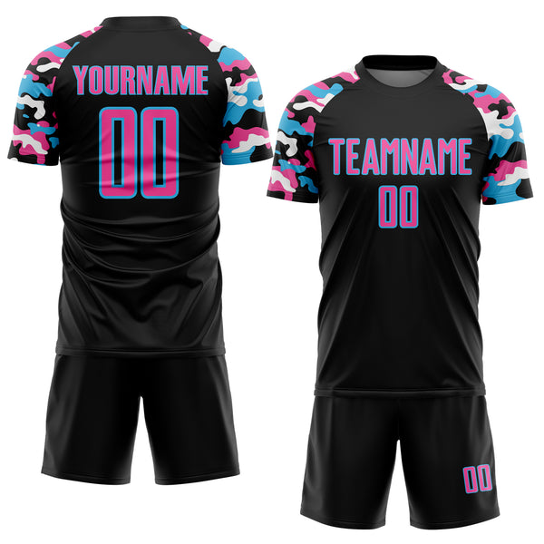 Custom Black Pink Sky Blue-White Digital Camo Raglan Sleeves Sublimation Soccer Uniform Jersey