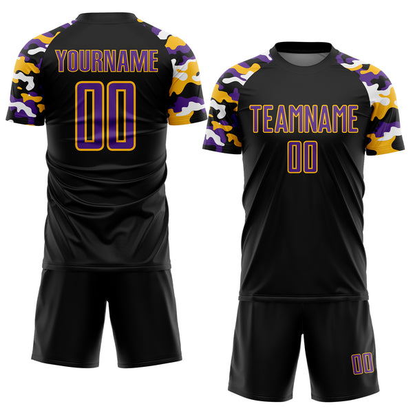 Custom Black Purple Gold-White Digital Camo Raglan Sleeves Sublimation Soccer Uniform Jersey