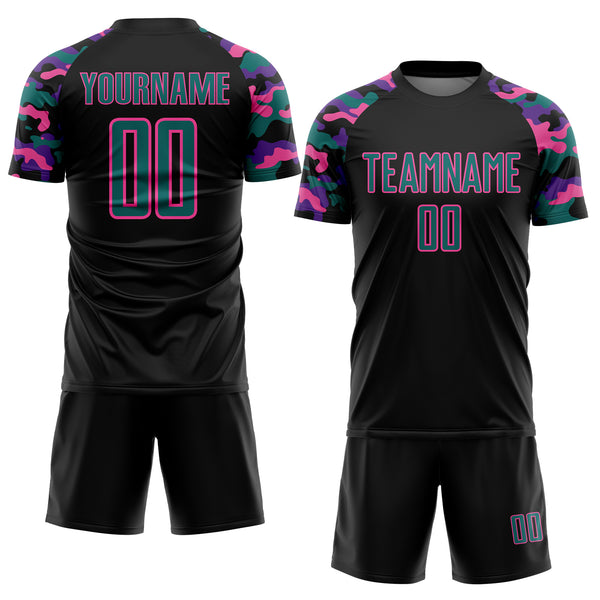 Custom Black Teal Purple-Pink Digital Camo Raglan Sleeves Sublimation Soccer Uniform Jersey