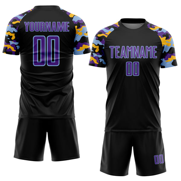 Custom Black Purple Light Blue-Gold Digital Camo Raglan Sleeves Sublimation Soccer Uniform Jersey