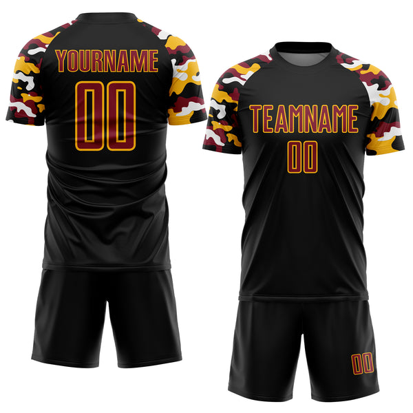 Custom Black Crimson Gold-White Digital Camo Raglan Sleeves Sublimation Soccer Uniform Jersey