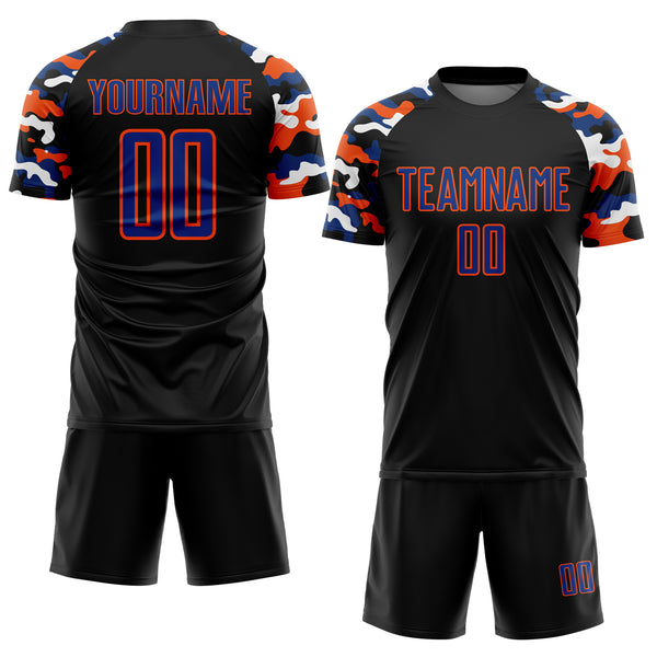 Custom Black Royal Orange-White Digital Camo Raglan Sleeves Sublimation Soccer Uniform Jersey