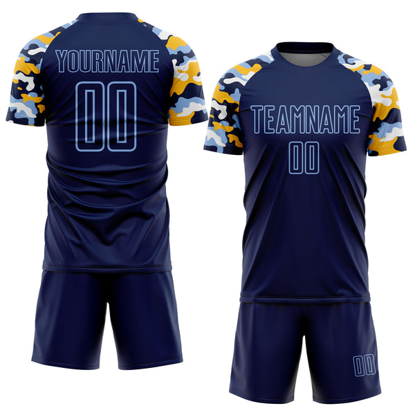 Custom Navy Light Blue Gold-White Digital Camo Raglan Sleeves Sublimation Soccer Uniform Jersey