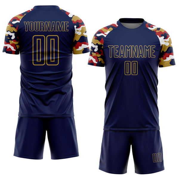 Custom Navy Red Old Gold-White Digital Camo Raglan Sleeves Sublimation Soccer Uniform Jersey