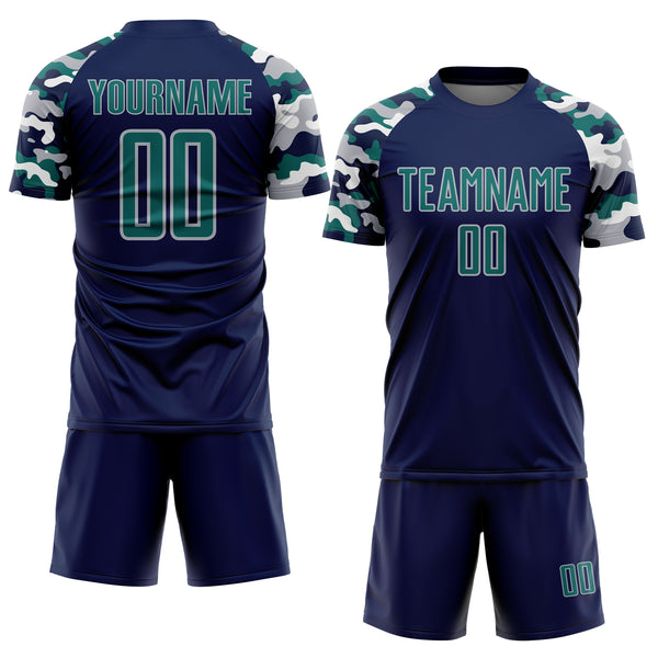 Custom Navy Teal Gray-White Digital Camo Raglan Sleeves Sublimation Soccer Uniform Jersey