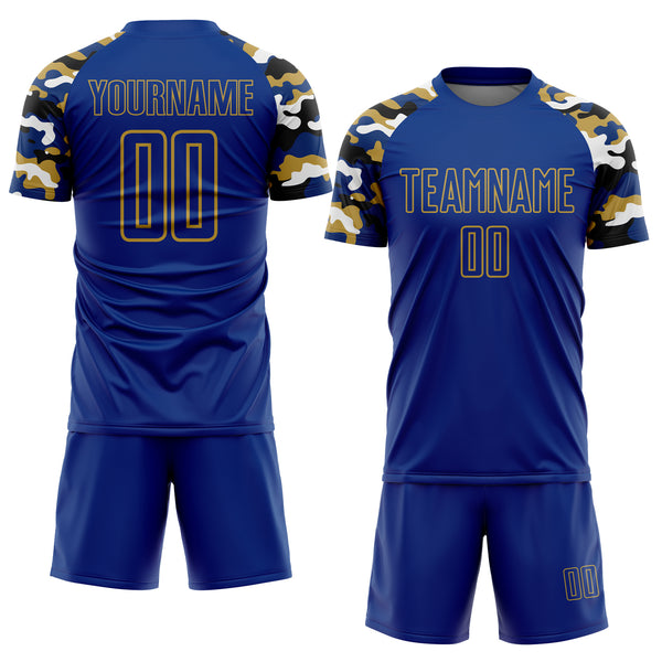 Custom Royal Old Gold Black-White Digital Camo Raglan Sleeves Sublimation Soccer Uniform Jersey