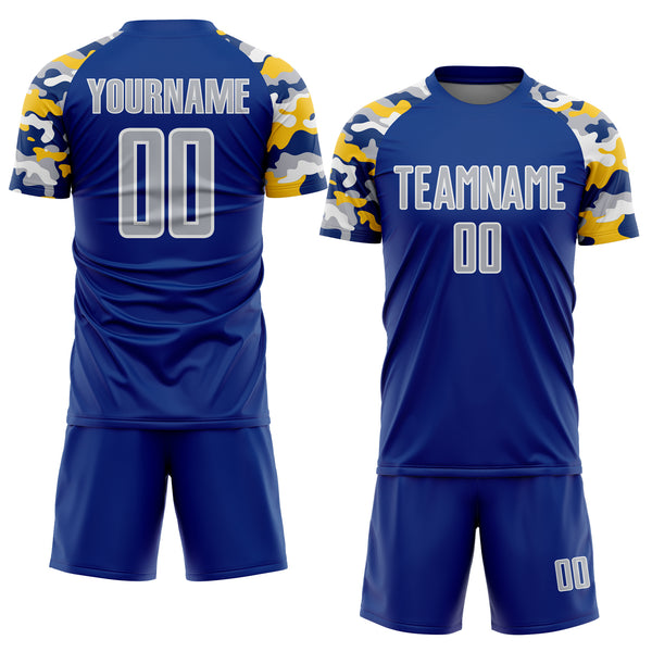 Custom Royal Gray Yellow-White Digital Camo Raglan Sleeves Sublimation Soccer Uniform Jersey