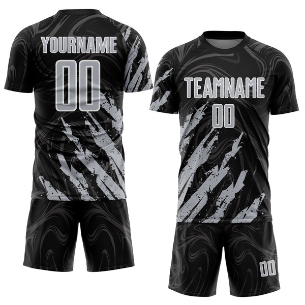 Custom Black Gray-White Brush Stroke Splatter Liquid Swirl Sublimation Soccer Uniform Jersey