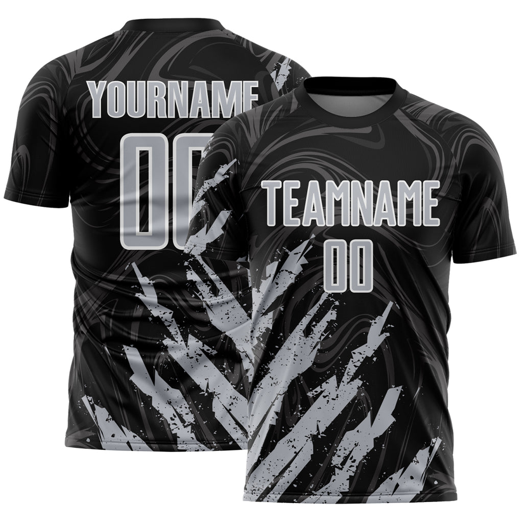 Custom Black Gray-White Brush Stroke Splatter Liquid Swirl Sublimation Soccer Uniform Jersey