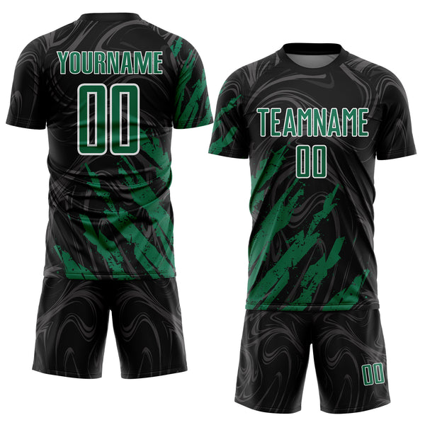 Custom Black Kelly Green-White Brush Stroke Splatter Liquid Swirl Sublimation Soccer Uniform Jersey