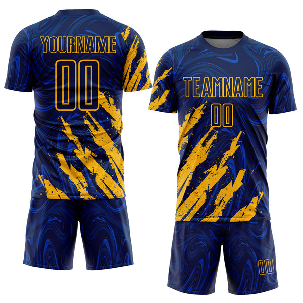 Custom Navy-Gold Brush Stroke Splatter Liquid Swirl Sublimation Soccer Uniform Jersey