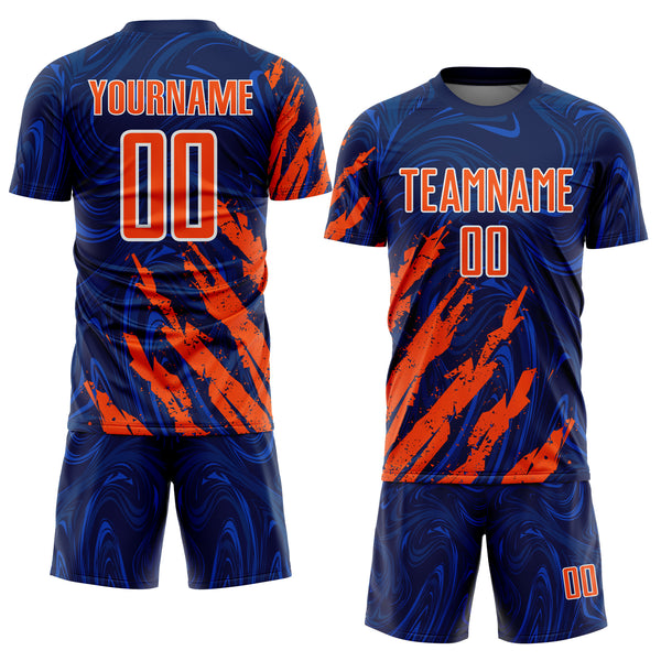 Custom Navy Orange-White Brush Stroke Splatter Liquid Swirl Sublimation Soccer Uniform Jersey