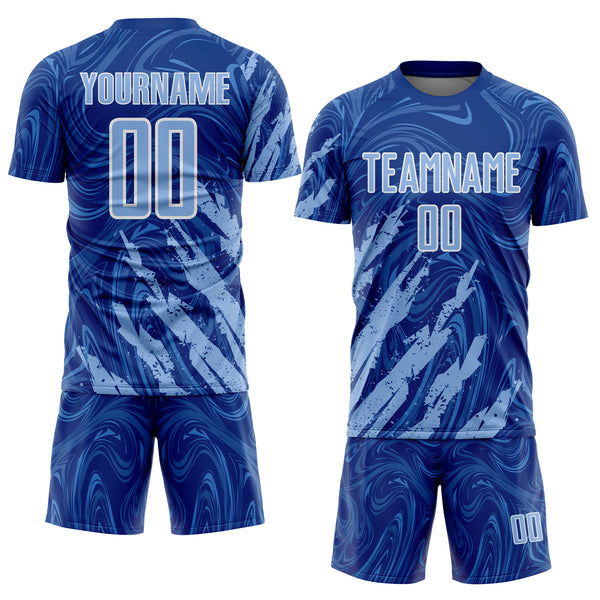 Custom Royal Light Blue-White Brush Stroke Splatter Liquid Swirl Sublimation Soccer Uniform Jersey