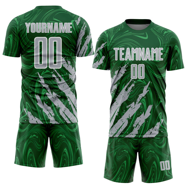 Custom Green Gray-White Brush Stroke Splatter Liquid Swirl Sublimation Soccer Uniform Jersey