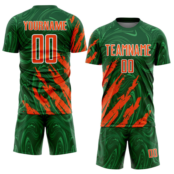Custom Green Orange-White Brush Stroke Splatter Liquid Swirl Sublimation Soccer Uniform Jersey