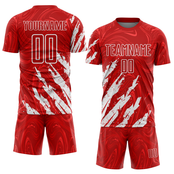 Custom Red-White Brush Stroke Splatter Liquid Swirl Sublimation Soccer Uniform Jersey