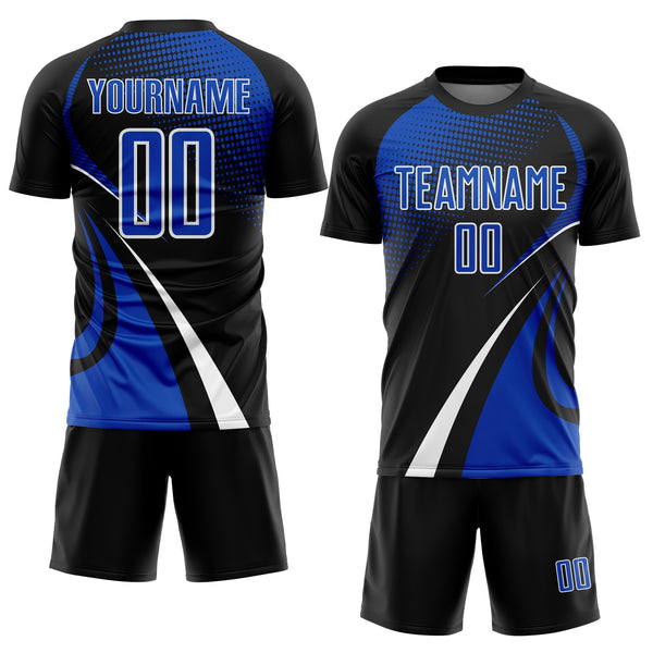 Custom Black Thunder Blue-White Halftone Dot Dynamic Curve Stripe Sublimation Soccer Uniform Jersey