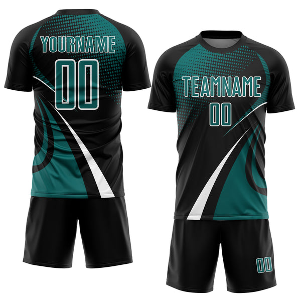 Custom Black Teal-White Halftone Dot Dynamic Curve Stripe Sublimation Soccer Uniform Jersey